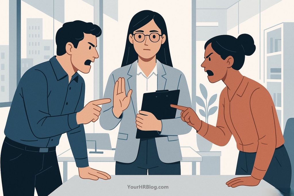 HR professional managing employee conflict in a workplace meeting room